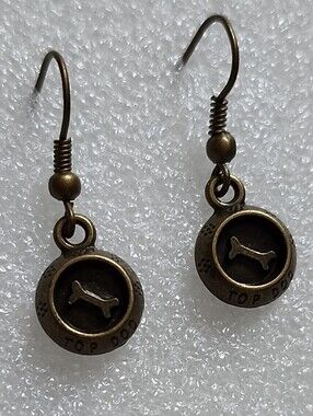 Hand Crafted Bronze Dog Bone In Dog Bowl Dangle Earrings